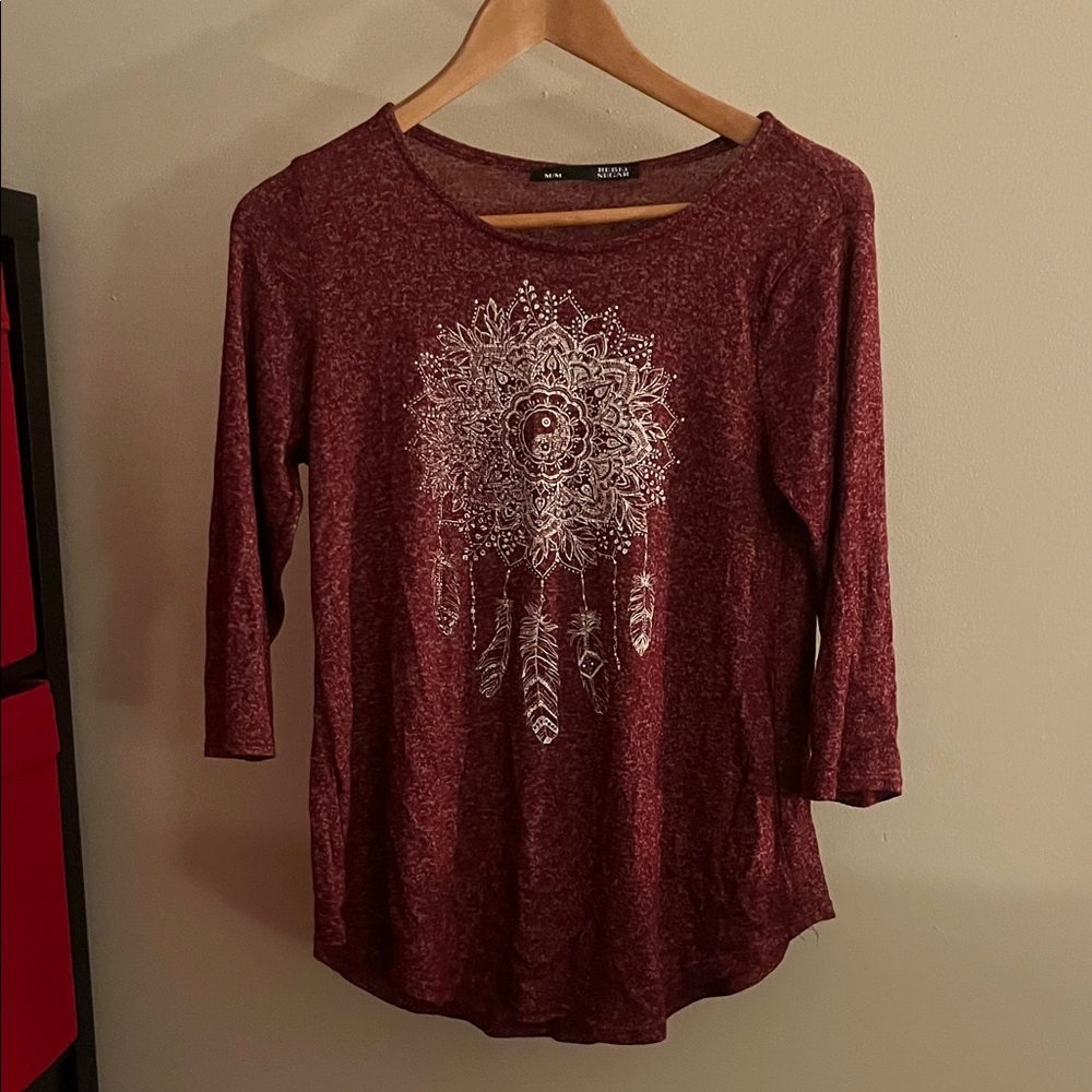 Rebel Sugar Women's Maroon Long Sleeve Top with Silver Dreamcatcher Graphic